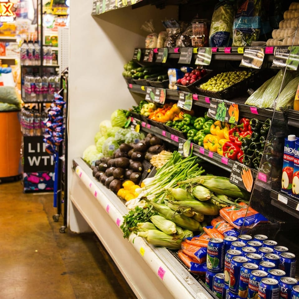 A grocery store aisle filled with colorful fresh produce, fruits, and packaged beverages.