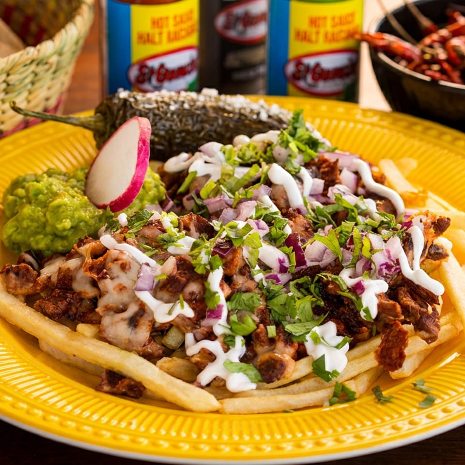 Loaded fries with meat, cheese, onions, cilantro, and crema on a yellow plate with guacamole and a jalapeño.